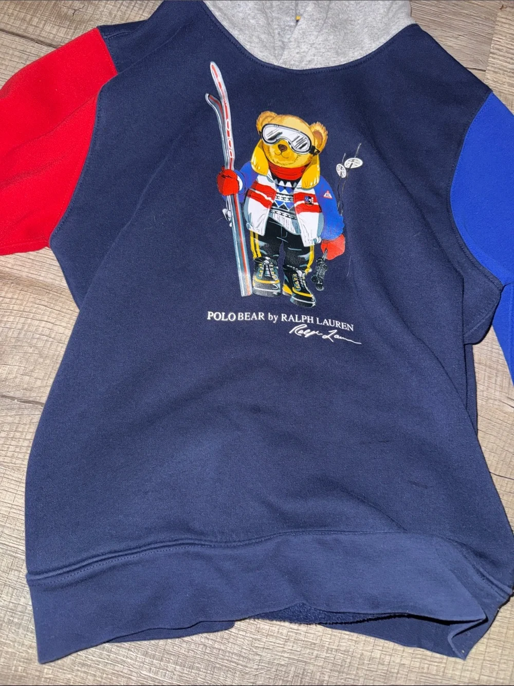 Ralph Lauren Polo Bear Size L 14-16 G Navy Hoodie with Red & Blue Sleeves